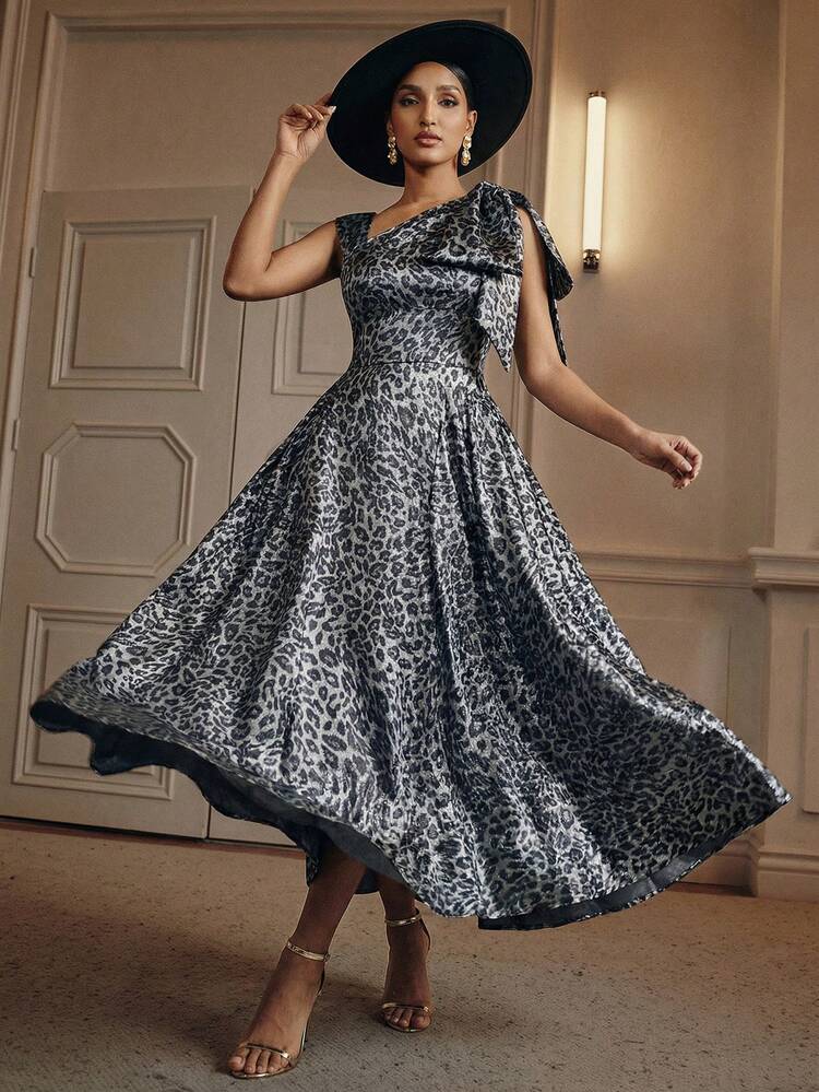 Women's Asymmetric Neckline Sleeveless Dress With Ruffled Single Shoulder Decoration, Adding Layered And Retro Vibe, Fashionable And Elegant Leopard Print Satin Maxi Dress For Spring/Summer