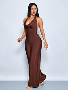 SOLERSUN 女士连体裤，性感优雅，适合通勤，简约设计，荷叶边领口，棕色针织面料，春夏女装，海滩度假，约会。 - 棕色 - 查看 5