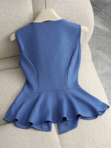 GlowEve New Minimalist Elegant Metal Buckle Design Waist Flattering V-Neck Sleeveless Tank Top For Women, Summer - Blue - View 2