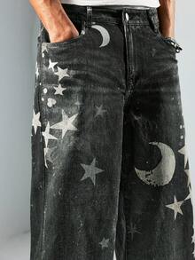 ROMWE MEN Street Life Men's Crescent Moon Slant Pocket Casual Versatile Wide-Leg Jeans - Black - View 2