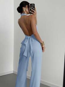 Firerie Bộ đồ nữ thanh lịch, lãng mạn gồm áo không tay cổ chữ V vạt lệch và quần ống đứng dáng rộng màu kaki, thích hợp mặc thường ngày, đi nghỉ mát, đi làm vào mùa hè. - Màu xanh lam - Xem 4