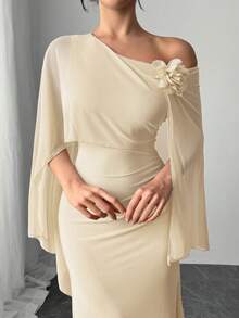 Firerie 女士优雅精致迷人浪漫情人节、约会、舞会、派对礼服，配有3D立体花卉网纱披肩、收腰设计和褶裥A字裙摆 - 杏色 - 查看 8