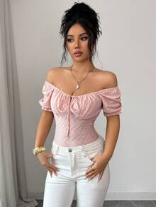 Elenzga New Spring/Summer French Style Sweet, Elegant, Sexy Fashion Textured Jacquard Fabric Square Neck Drawstring Tie Cutout Slim Fit Casual Daily Women T-Shirt - Pink - View 5