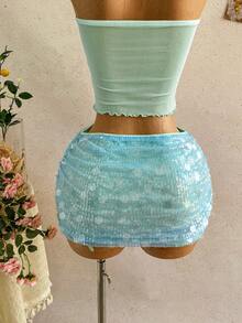 Soleia 女士浪漫3D立体花卉装饰褶皱抹胸上衣搭配性感优雅亮片迷你裙两件套，适合海滩、邮轮和度假穿着。 - 藍色 - 查看 8