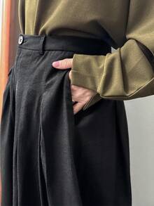 FRIFUL Pantalones casuales anchos de mujer con bolsillos plisados de unicolor - Negro - Ver 3