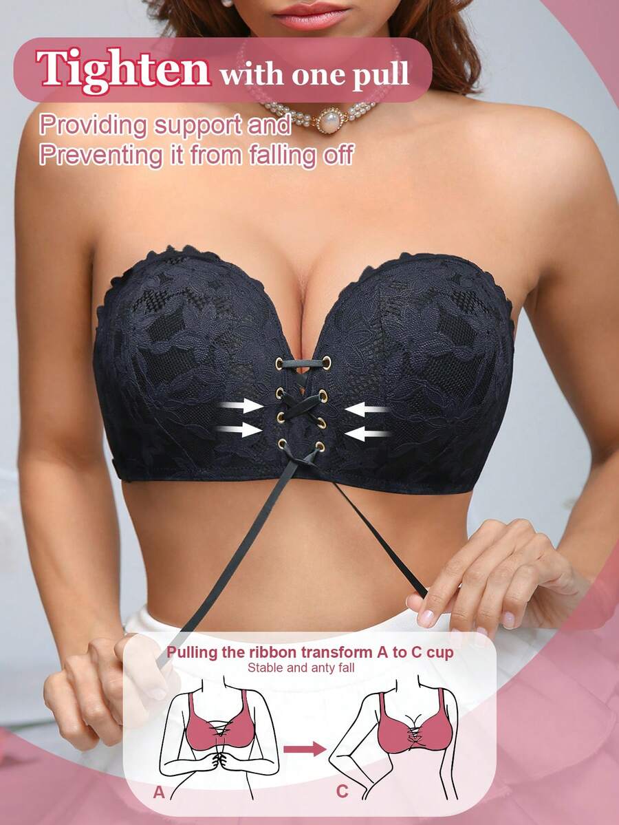 1件装女士无钢圈蕾丝加厚聚拢文胸，百搭款式，黑色