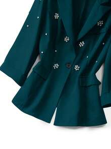Elenzga 大码女士优雅翻领七分袖假口袋串珠花卉设计休闲修身西装外套，冬季 - 墨綠色 - 查看 3