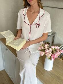SHEIN 2pcs Women Bow Embroidered Collar Jacquard Knit Short Sleeve Pajama Set - White - View 7
