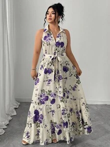 Elenzga 大码女士优雅碎花V领长裙 - 彩色 - 查看 5
