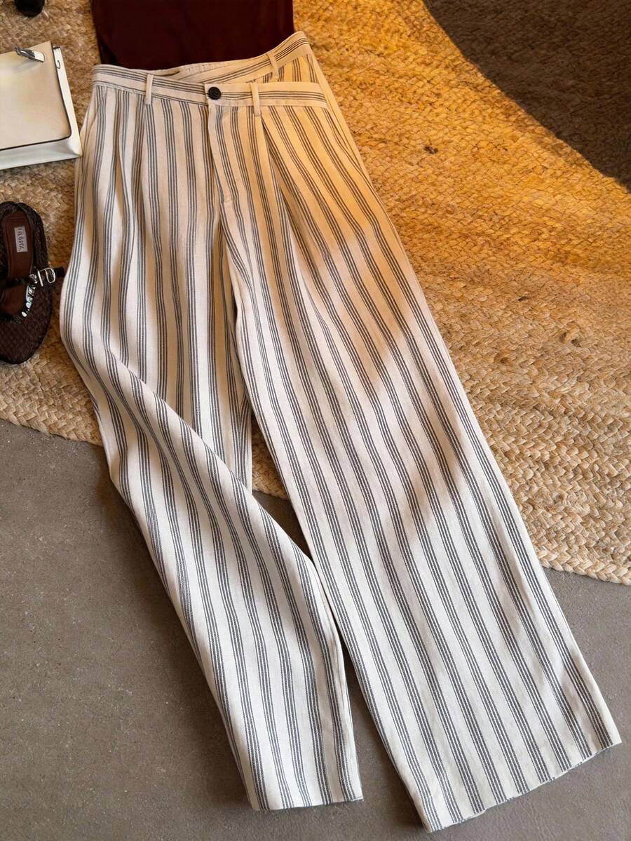 Franclia Striped Print Wrap Waist Button Casual Vacation Pants - Multicolor - View 1