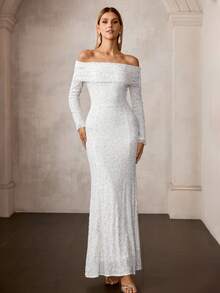 MOTF Soiréza VESTIDO FORMAL LARGO DE MUJER CON HOMBROS DESCUBIERTOS, ENCAJE ELÁSTICO, BORDADO Y CUENTAS - Blanco - Ver 5