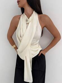 Aloruh Minimalist High-End Neck Hanging Drape Design Collar Fitted Satin Apricot Women Tank Top - Apricot - View 5