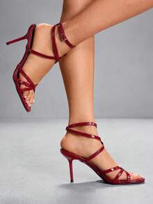 CUCCOO SZL Sandálias femininas de salto alto com múltiplas tiras cruzadas, bico redondo e salto fino. Fecho com cadarço e tiras para o dia a dia. Estilo casual e elegante. - Borgonha - Ver 4