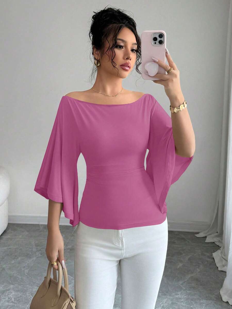 Selianne Áo thun nữ tay loe trễ vai, màu trơn, co giãn cao, thanh lịch dành cho người đi làm. - Bụi hồng - Xem 1