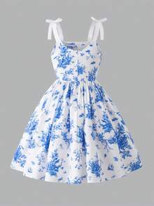 1件女童优雅甜美轻盈四季皆宜柔软顺滑修身连衣裙，适合上学、外出和聚会。 - 藍白色 - 查看 2