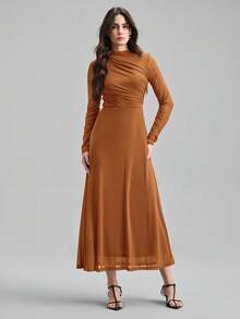 Ontre 2026春夏新款女士纯色酒红色修身喇叭长袖连衣裙，都市通勤商务休闲连衣裙，OL优雅装扮，派对聚会连衣裙 - 鏽棕色 - 查看 6