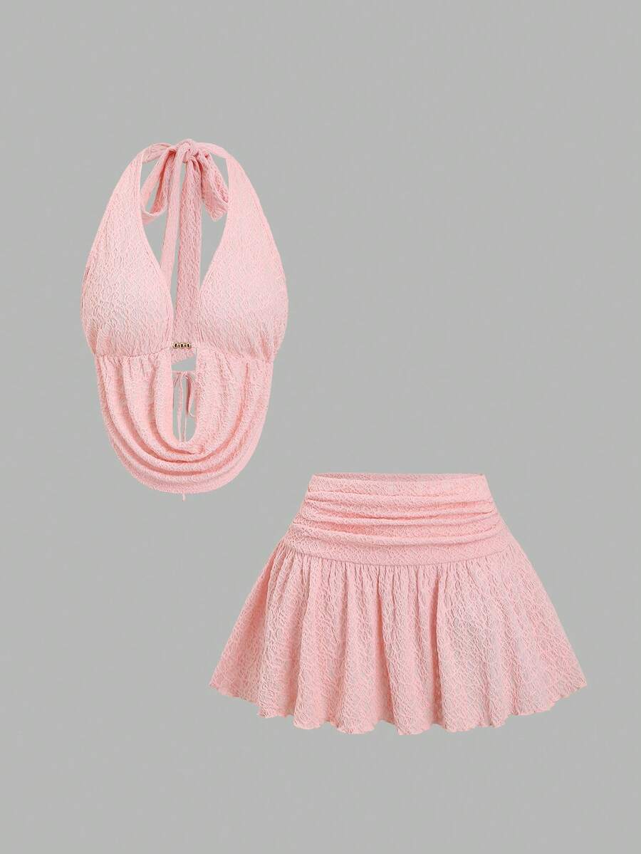 Sweetra 女士圆领针织纹理套装，春夏新品 - 粉色 - 查看 1