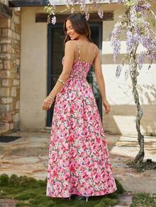 KARISMINA 女士优雅印花扭结镂空高开衩连衣裙，浪漫假日连衣裙，度假装，红色连衣裙 - 粉色 - 查看 2