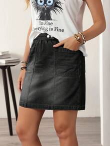 EMERY ROSE Women's Casual Washed Denim Mini Skirt, Summer - Black - View 3