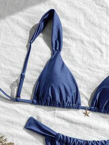 Swim Mod Bộ đồ bơi 2 mảnh, màu trơn, dây đeo dày, họa tiết sao biển, áo ngực tam giác và quần lọt khe, đồ bơi mùa hè gợi cảm cho nữ, bộ bikini màu xanh navy, bộ bikini đi nghỉ mát, bộ bikini kín đáo, bộ bikini siêu nhỏ, bộ bikini màu trơn, đồ bơi hai mảnh. - Màu xanh bụi bặm - Xem 3