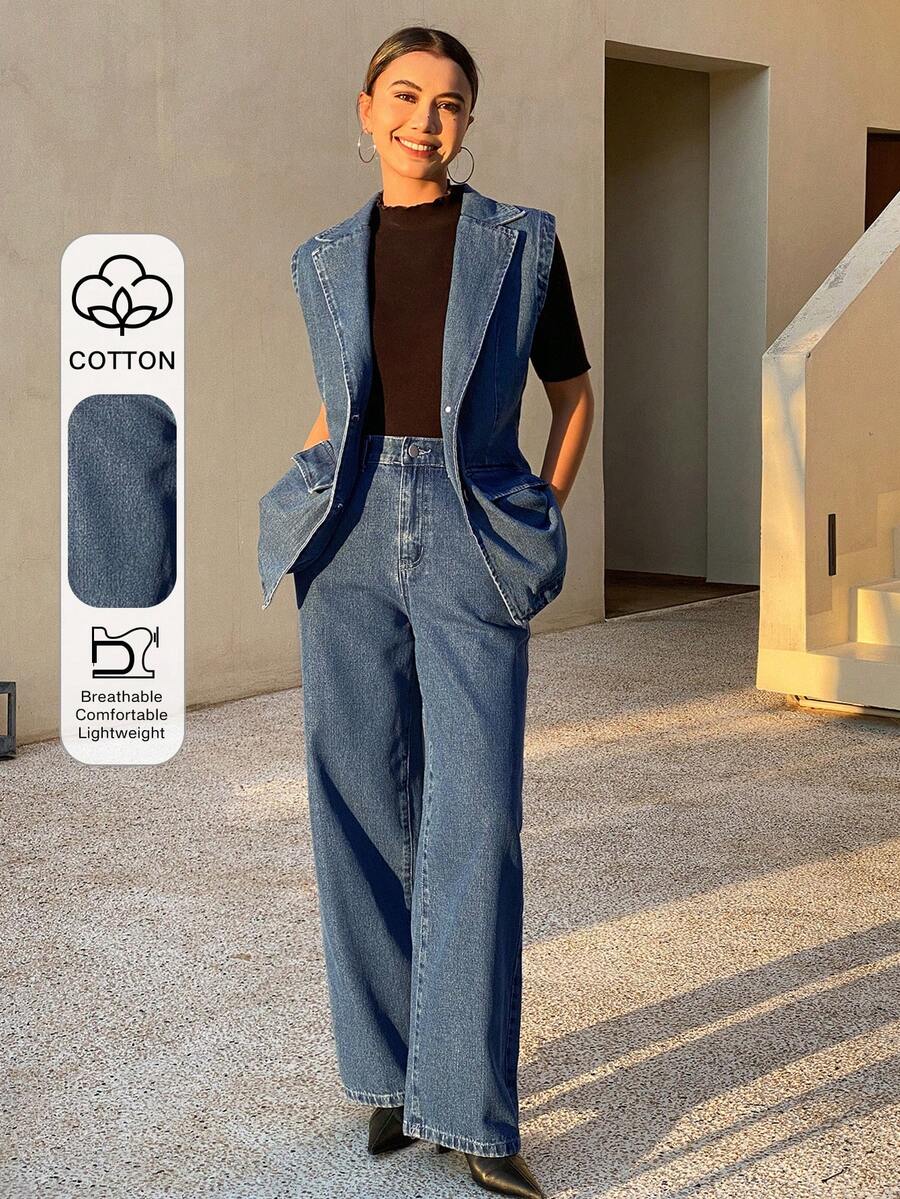 Livesso 女士休闲牛仔背心和裤子套装 - 藍色 - 查看 1