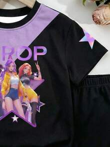 SHEIN 两件套少女休闲简约短袖短裤套装，适合春夏休闲穿着，完美搭配外出、街头风和嘻哈风格，轻松打造舒适时尚的女孩休闲装，返校季新品上市 - 彩色 - 查看 4