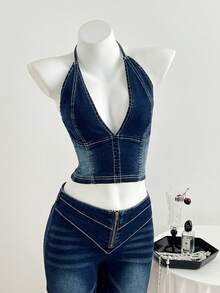 Elamini Sexy Halter Backless Washed Denim Mini Crop Top - Dark Wash - View 3