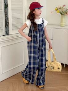 DAZY Tween Girl Plaid Print Casual Versatile Jumpsuit - Navy Blue - View 5