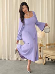 Firerie 大码优雅派对串珠装饰喇叭袖连衣裙 - 紫色 - 查看 2