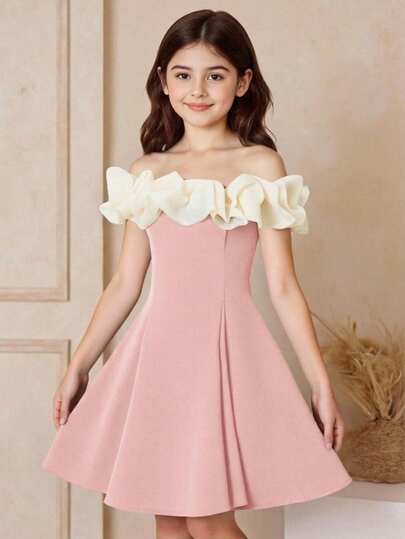 Tween Girl Off-Shoulder Color Block Dress, Casual Chic For Spring/Summer, Elegant & Glamorous Princess Style, Suitable For Formal Occasions, Parties, Birthdays, Daily Wear, Festivals, Family Gatherings, Cute, Vacation, Graceful, Sweet, Retro, Fashionable. Matching For Moms, Daughters, Sisters