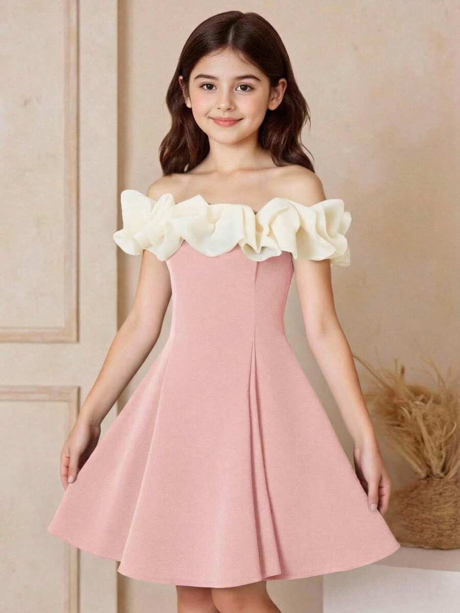 SHEIN 少女露肩粉色拼色洋裝,優雅公主風夏季派對休閒時尚生日穿搭,適合正式場合、度假、復古風 - 粉色 - 查看 1