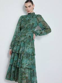 Aveloria Modichic Women's Lantern Sleeve Dress With Paisley Print Vacation Outfits Woman  - Green - View 5