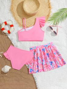 SHEIN 少女夏季度假沙滩荷叶边比基尼套装，含罩衫和裙子 - 粉色 - 查看 3