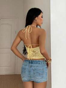 Glamine Top halter con espalda descubierta y lentejuelas para mujer - Amarillo - Ver 2