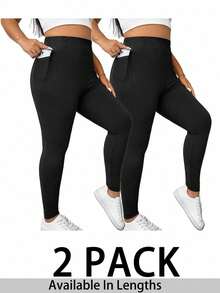 SHEIN Tall CURVE 大码女式纯色弹力腰休闲打底裤，黑色女式打底裤，打底裤套装，女士打底裤，春季女装，假日女装，休闲女装，女士运动服，黑色裤子，高腰黑色女式裤子两件套 - 黑色 - 查看 6