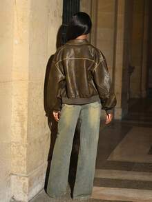 Mima John Women Front Zipper Long Sleeve Minimalist Casual Vintage Distressed Washed PU Jacket In Fall/Winter - Brown - View 4