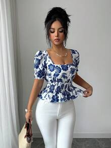 SHEIN Elenzya 女士树叶鹦鹉印花短袖衬衫，收腰设计，优雅百搭，适合度假、日常通勤、法式风情、复古风、商务场合、假日穿着，蓝白泡泡袖，早春/春夏新款 - 彩色 - 查看 8