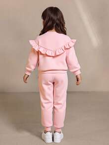 2 件套年轻女孩和幼儿女孩休闲荷叶边刺绣套头衫上衣 + 裤子套装，适合搭配各种夹克、棉质外套，适合日常穿着 - 粉色 - 查看 2