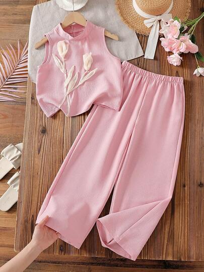 Vintaside Kids 2pcs Girls Sleeveless Floral Yellow Top And Casual Loose Pants Fashion Spring/Summer Set