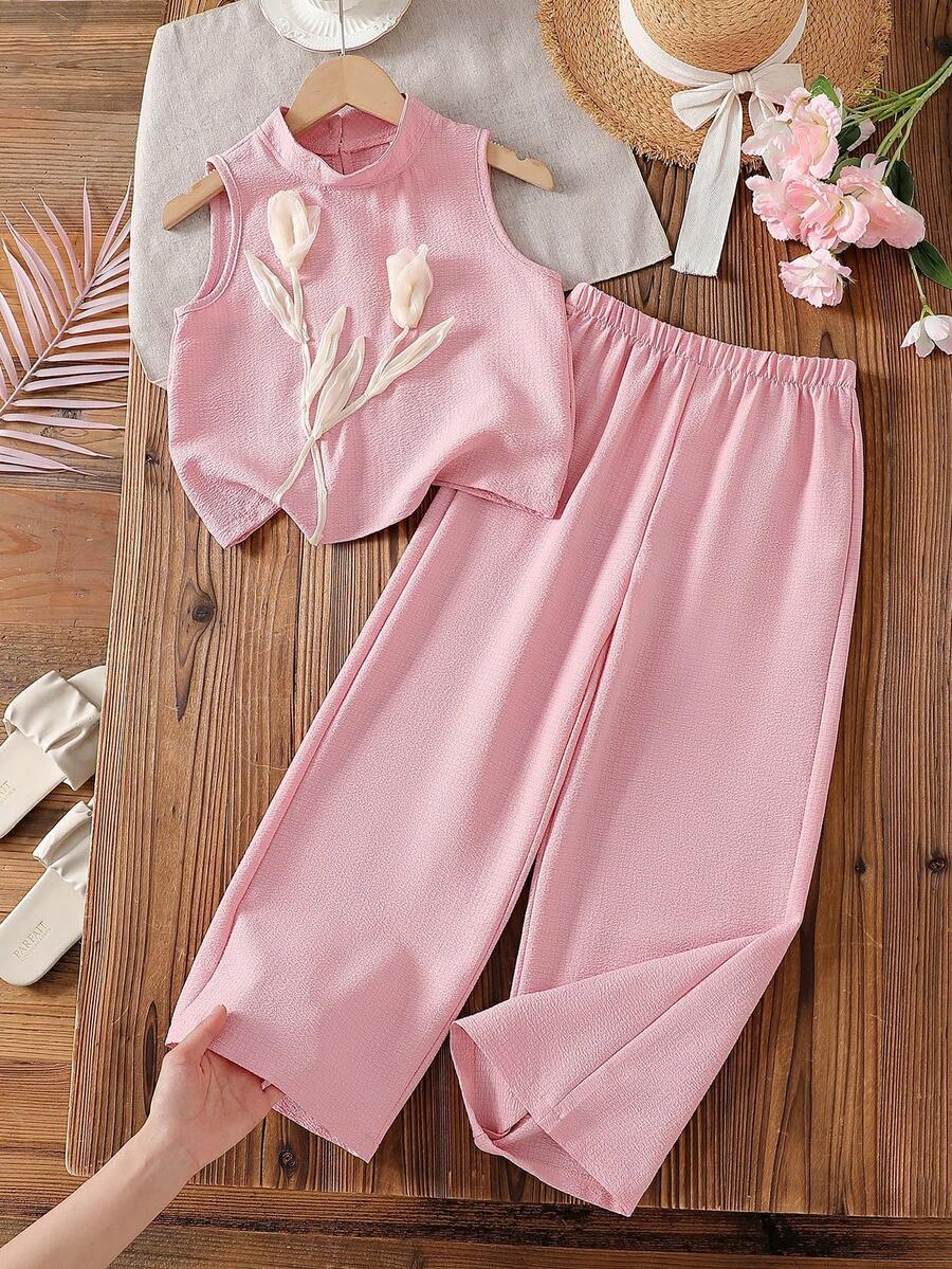 Vintaside Kids 2pcs Girls Sleeveless Floral Yellow Top And Casual Loose Pants Fashion Spring/Summer Set - Pink - View 1