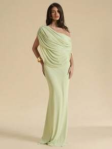 SHEIN BAE Spring/Summer Solid Light Green Ruched One-Shoulder Fitted Elegant Maxi Mesh Dress, Bodycon Fitted Elegant Dress, Flowing Dress - Green - View 4