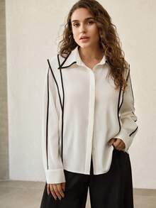 MOTF PREMIUM ÁO SƠ MI DÀI TAY CỠ LỚN VIỀN TƯƠNG PHẢN - trắng - Xem 4