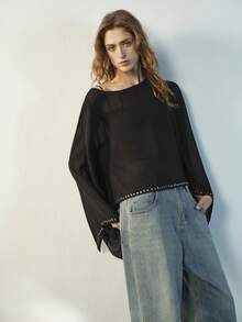 Maija Women's Loose Sheer Casual Crew Neck Blouse - Apricot - View 6