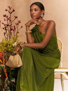 Zivah 2026春夏新款女士纯色褶皱不对称领短袖连衣裙 - 綠色 - 查看 1