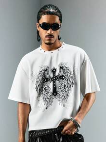 ROMWE MEN Grunge Punk 男士圆领翅膀印花铆钉短袖T恤 - 白色 - 查看 5