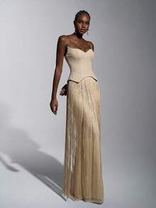 Elitara Elegant Apricot Strapless Sleeveless Maxi Formal Evening Dress With Fringe Accents For Women - Apricot - View 1