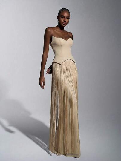 Elitara 优雅奢华性感针织亮片露肩猫领腰部流苏装饰修身连衣裙，适合晚宴、展览、商务活动等正式场合，女士晚礼服