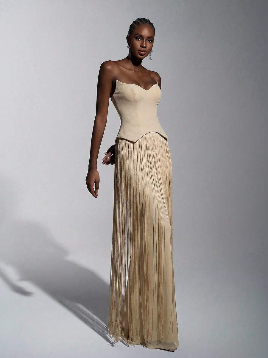 Elitara Elegant Apricot Strapless Sleeveless Maxi Formal Evening Dress With Fringe Accents For Women - Apricot - View 1