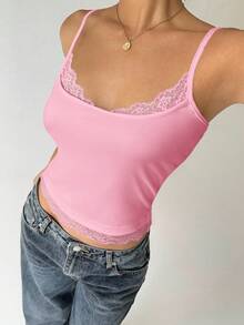 Aloruh Áo camisole ôm sát dành cho nữ, màu trơn phối ren. - Hồng - Xem 4