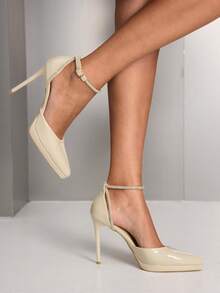 CUCCOO SZL Women Shoes Women's Pointed Thin High Heel Heightening Water Table Apricot Rhinestone Strip Women's High Heel Shoes Ankle Strap Hollow Shoes Wedding Party Banquet Nightclub Fashion Gorgeous Simple High Heel Women's Shoes Valentine's Day - Beige - View 2